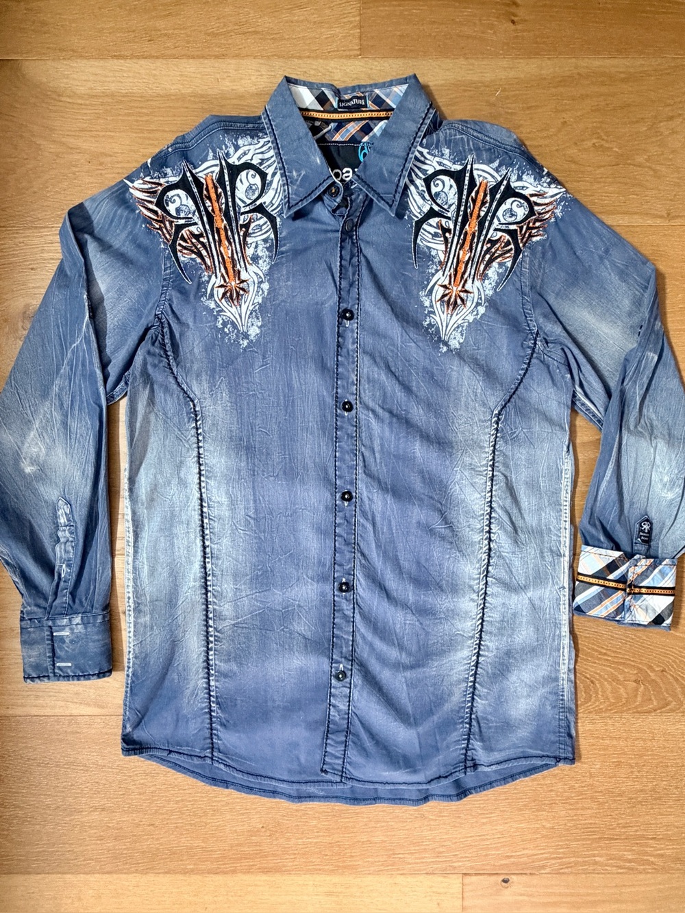 Roar Signature Tribal Winged Embroidered Button Down Shirt L Y2K Western Rock